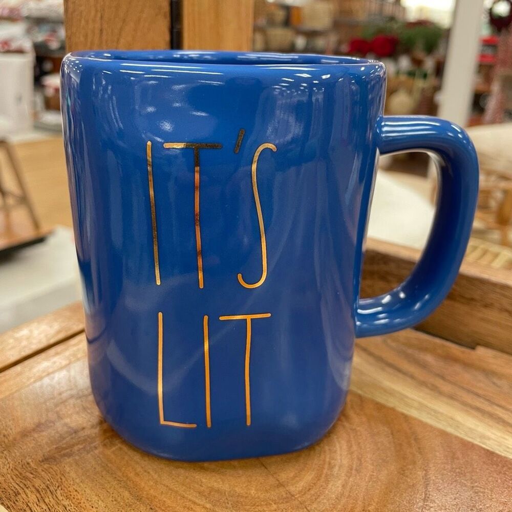 NWT Rae Dunn Royal Blue w/ Gold Letters Ceramic Hanukkah “It’s Lit” Glossy Mug